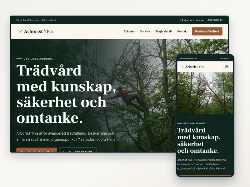 Startsidan för Arborist Ylva, en hemsida vi byggt, visad sida vid sida på datorskärm och mobiltelefon