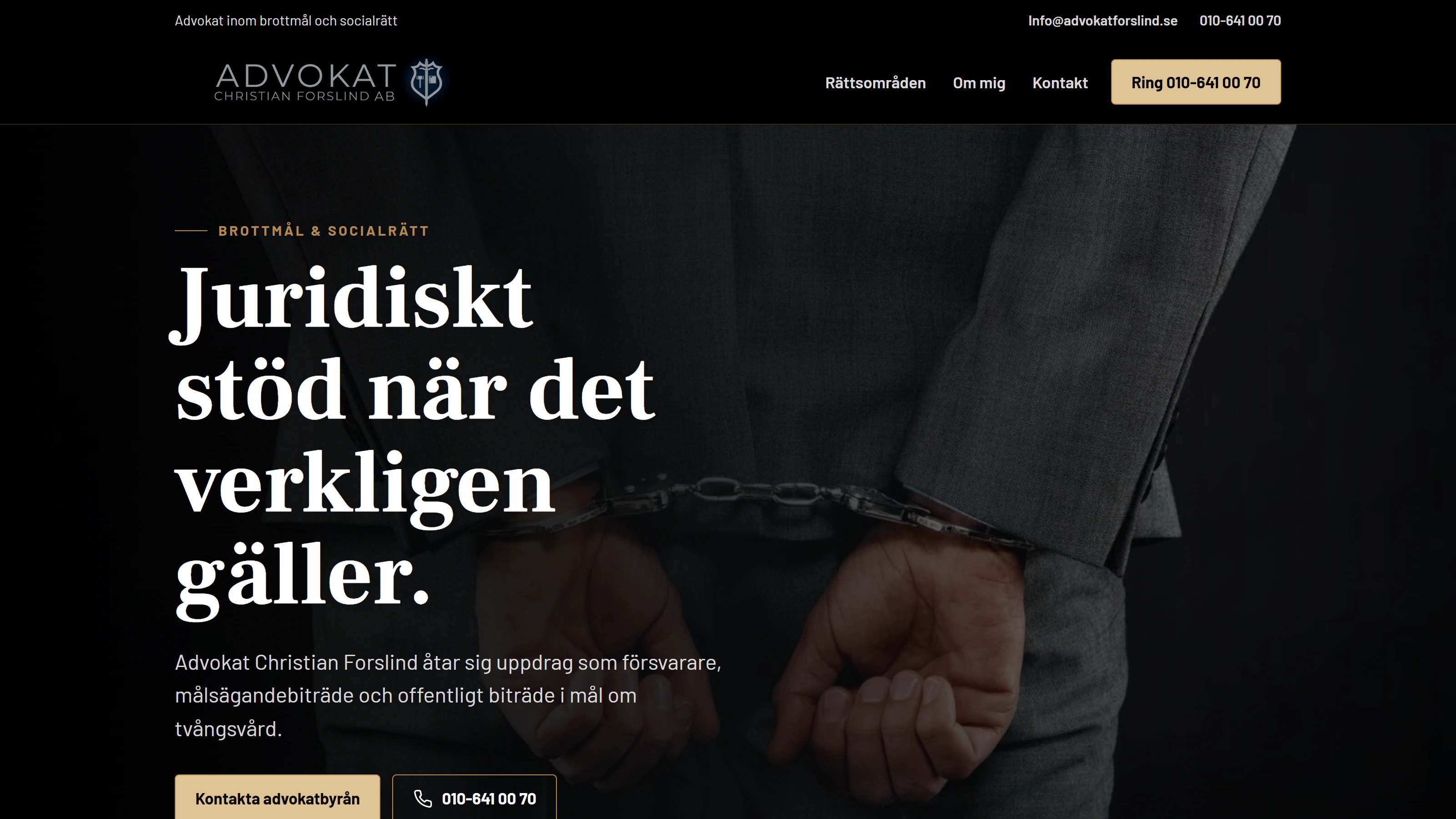 Skärmbild av startsidan för Advokat Christian Forslind