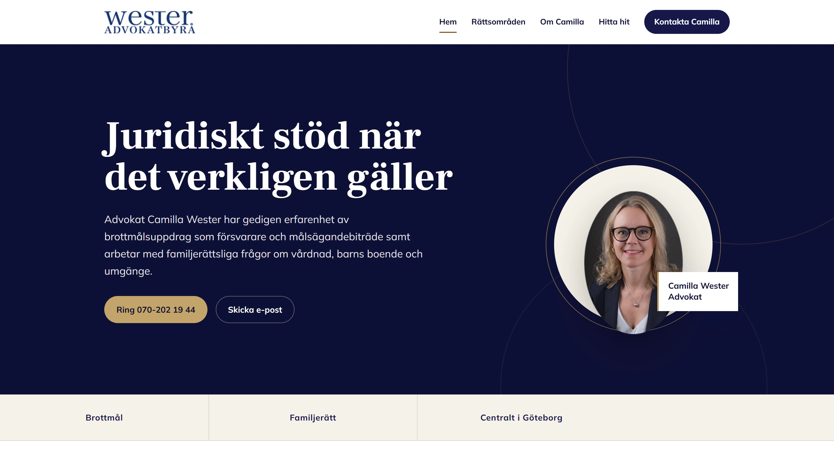 Skärmbild av startsidan för Wester Advokatbyrå