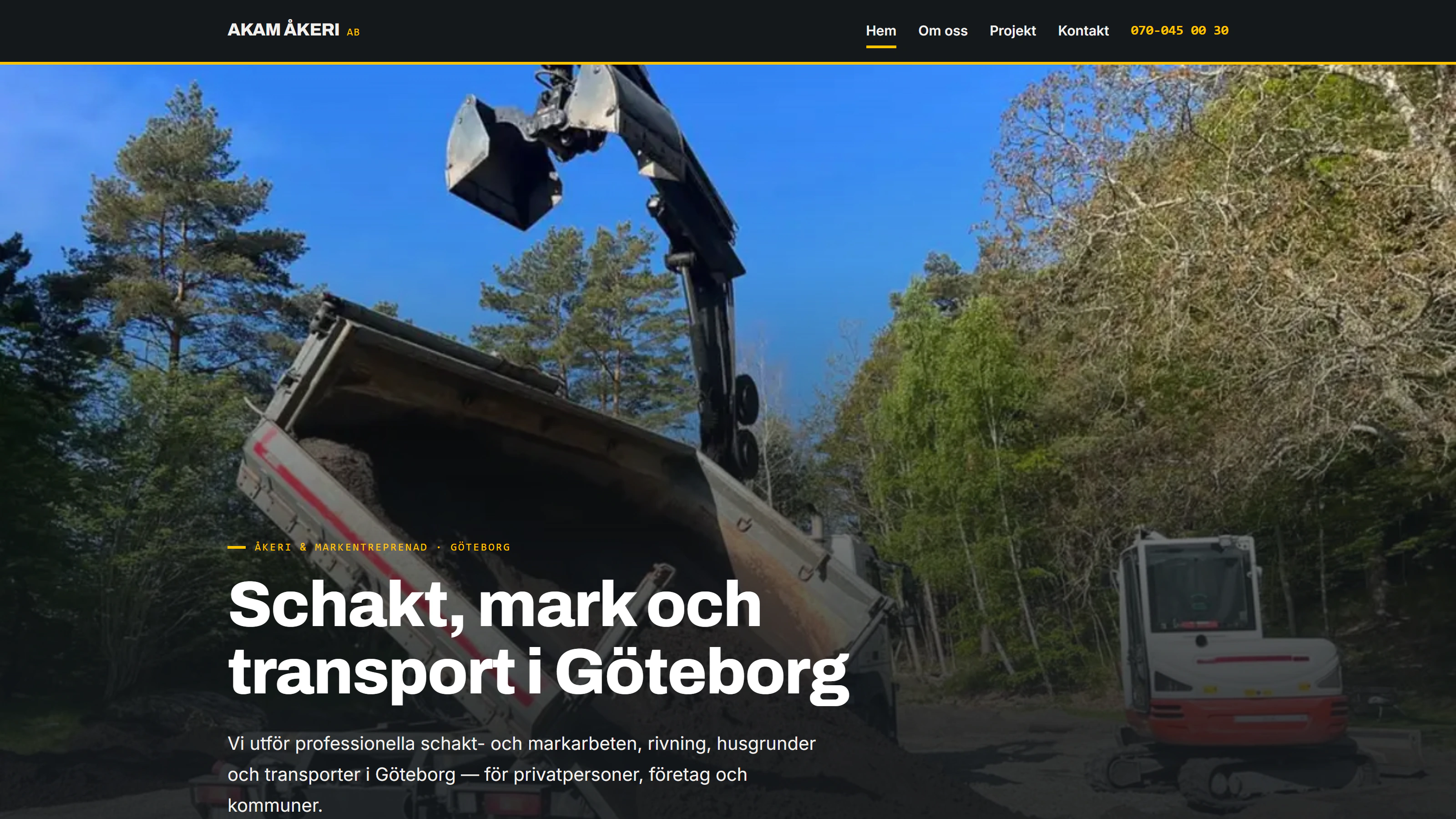 Skärmbild av startsidan för Akam Åkeri AB