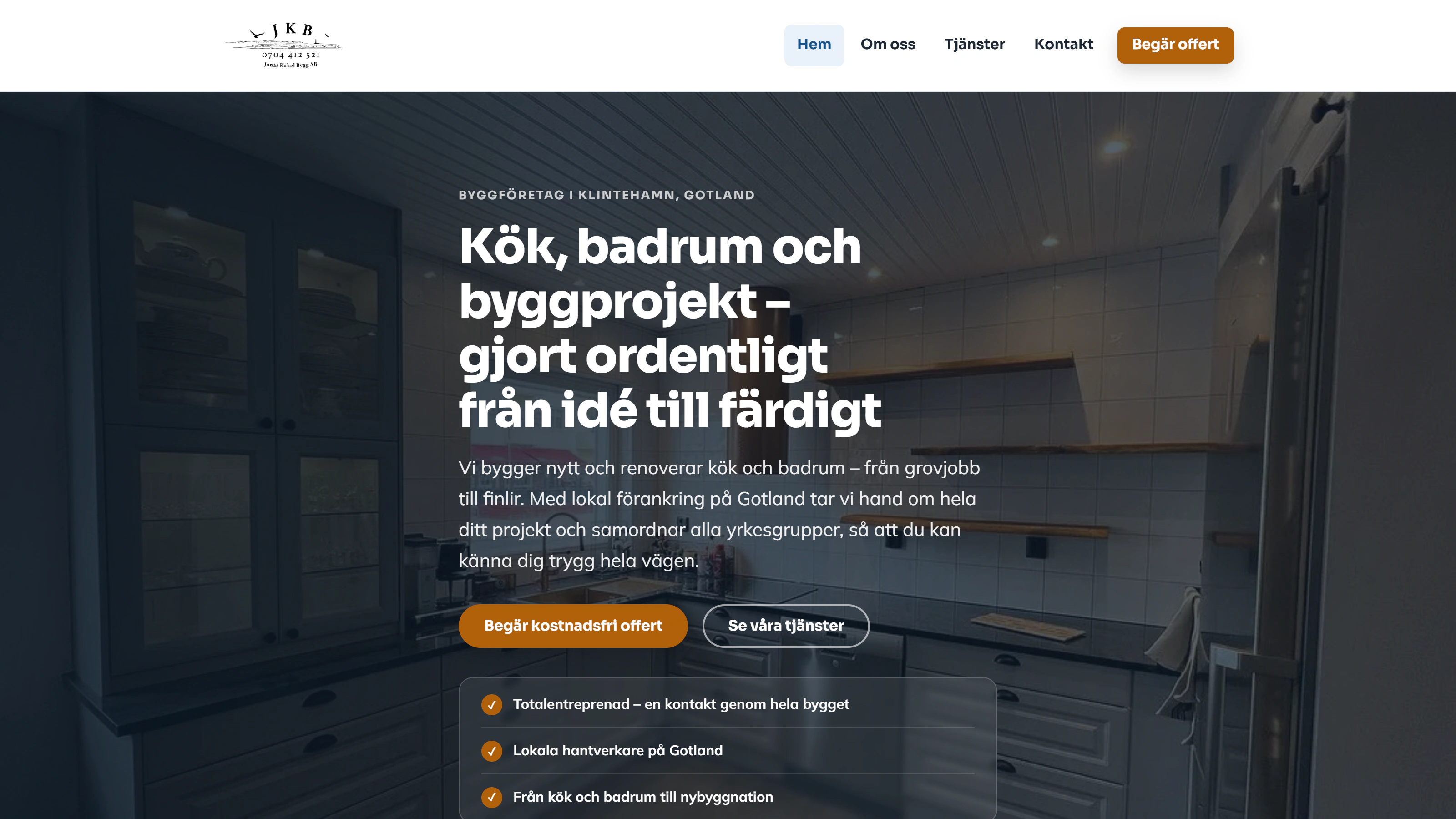 Skärmbild av startsidan för Jonas Kakel Bygg
